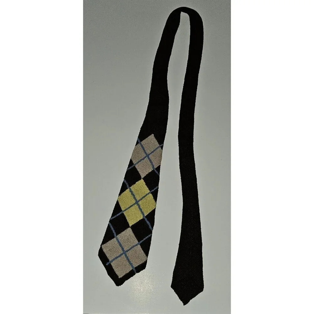 VTG Handmade Knit Neck Tie Argyle Brown Blue Yellow Tan 52